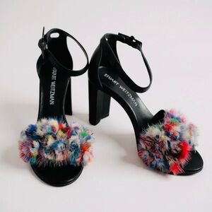 STUART WEITZMAN BLACK SUEDE GENUINE MINK FUR SHOES HEELS 6
